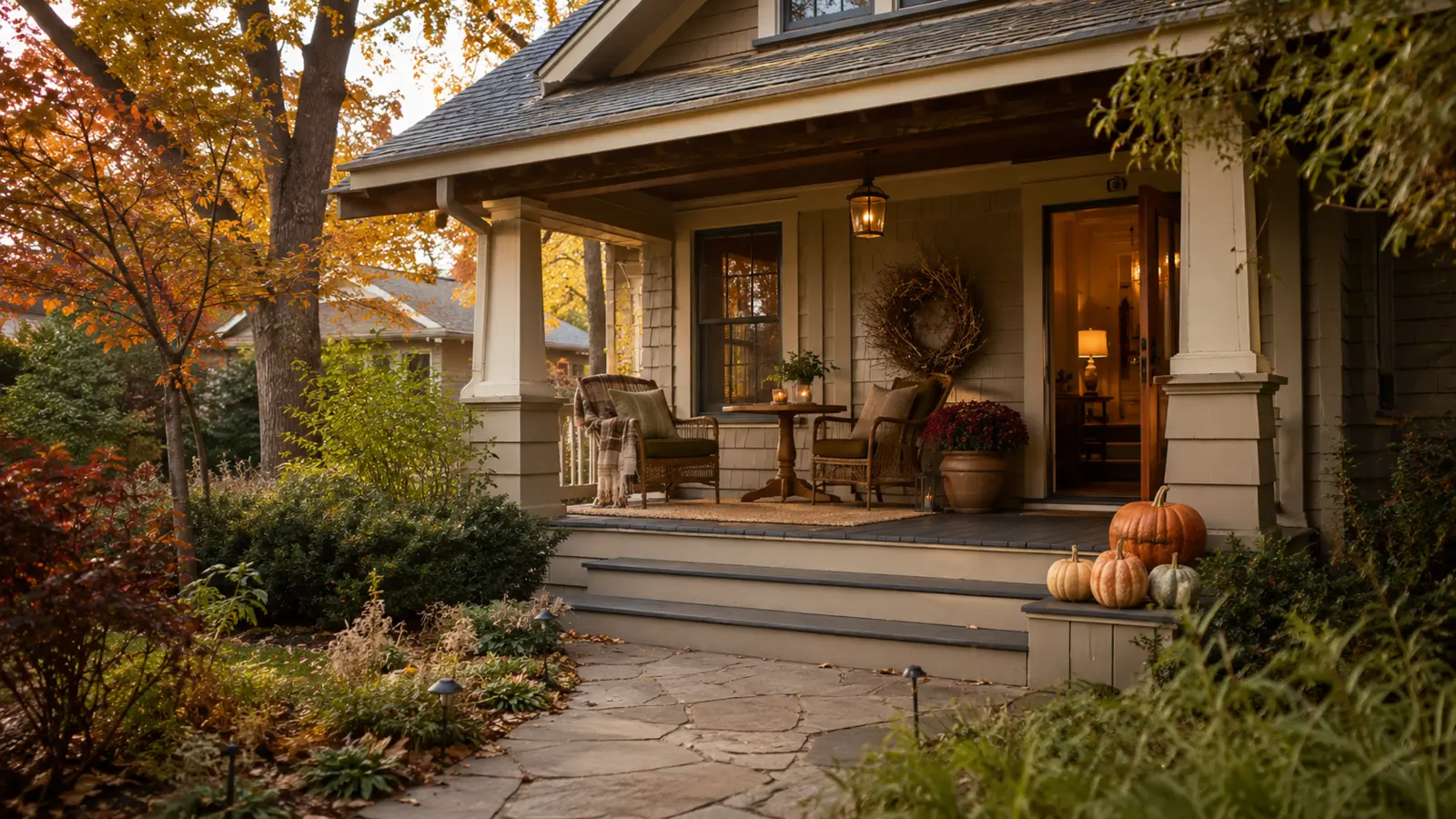 Front steps and the house-number area clearly visible from the walkway with decorations kept away from the route