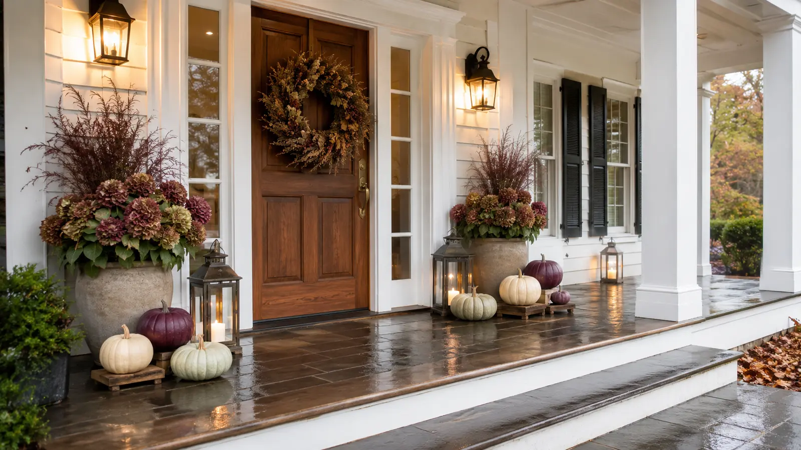 A maintained fall porch after rain with pumpkins raised on low stands, planters elevated for drainage, stable lanterns, and a clear entrance