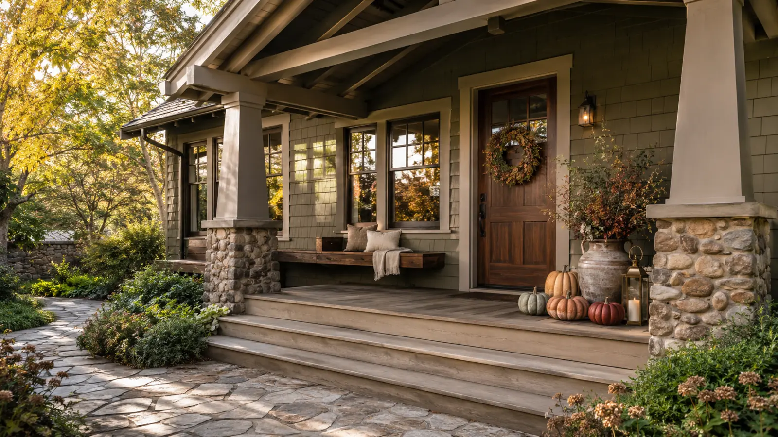 A covered fall porch where the roof overhang protects planters, pumpkins, wreath, and lanterns from direct weather