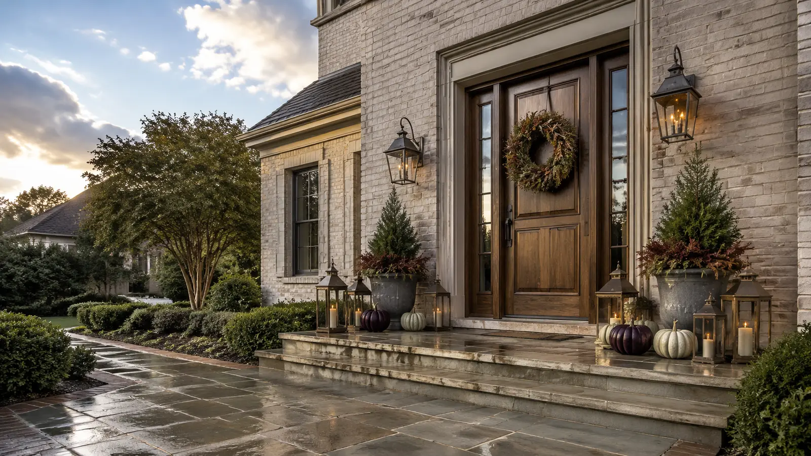 A fully exposed front entry styled with weather-ready planters, uncarved pumpkins, and metal lanterns while keeping the steps and doorway clear