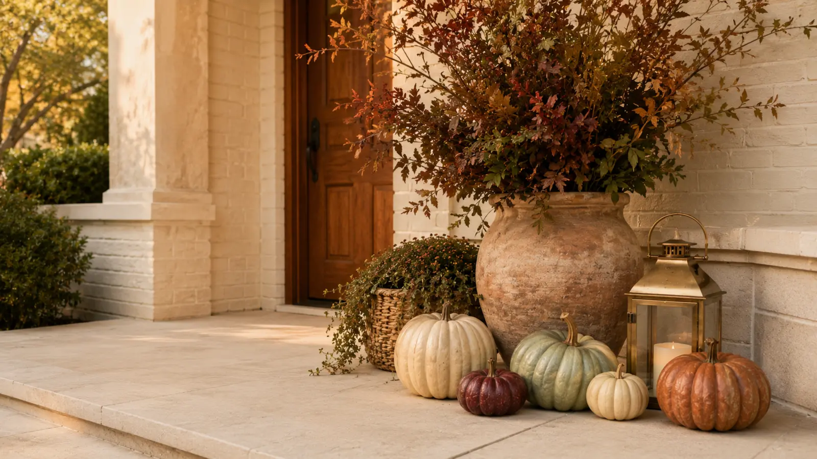 A grouped seasonal accent of mixed-size pumpkins and dried branches on the porch steps