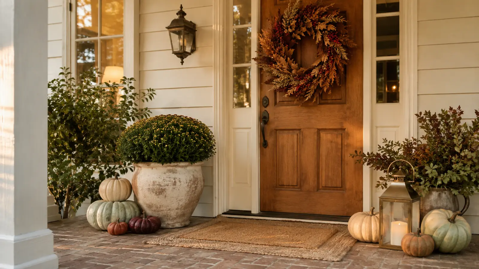 A pair of visual anchors, a ceramic planter and a metal lantern, flanking the door