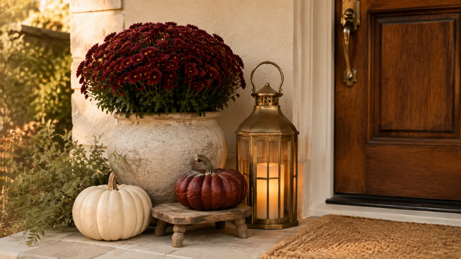 A close-up styling detail showing burgundy and plum pumpkins as accents against a cream and natural-wood base, with aged brass lantern details