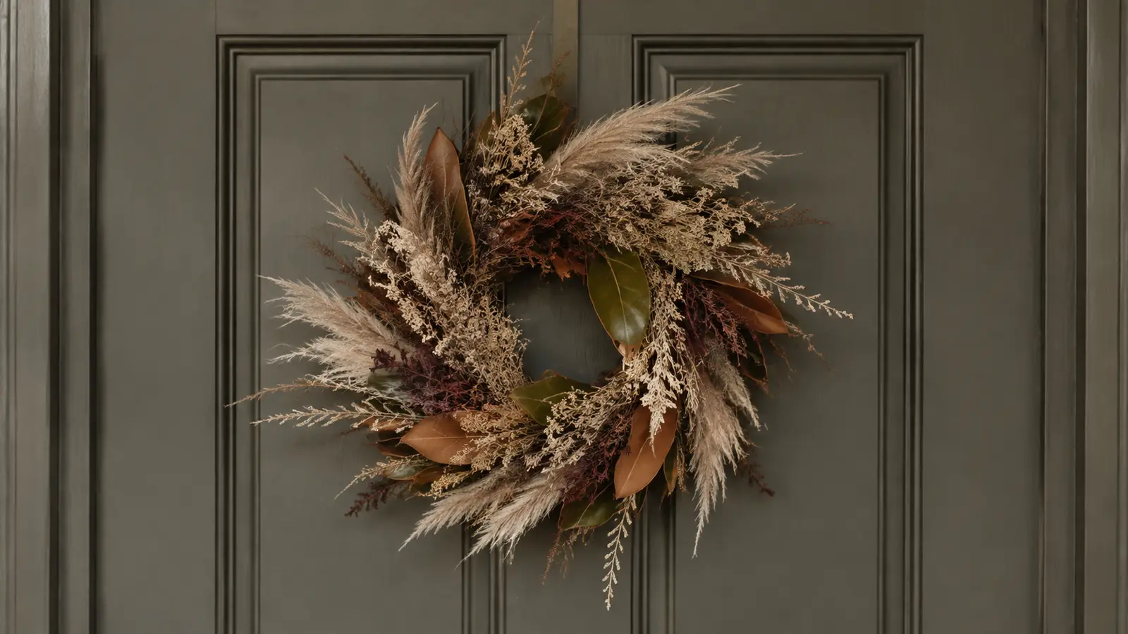 A natural wreath on the front door, the door element of the porch formula
