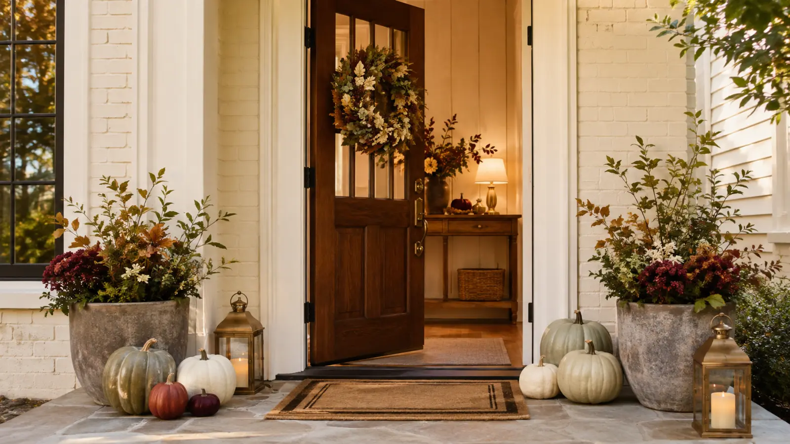 A close detail of a console table just inside a traditional front entry, holding one small vase and a candle in the porch's palette