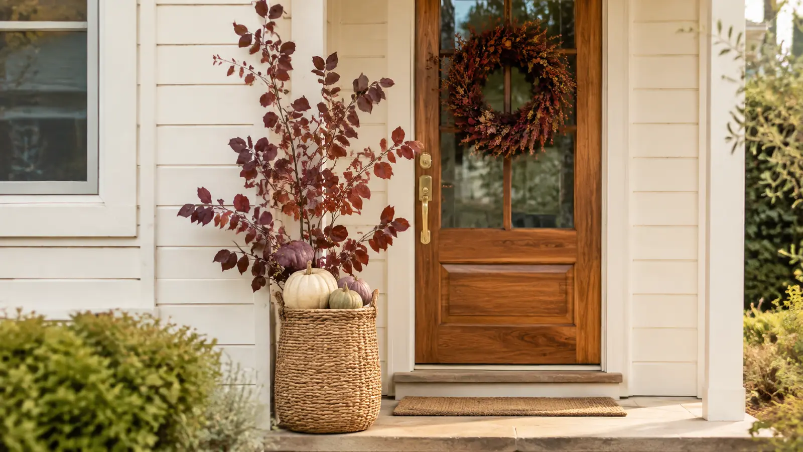 A smaller stoop entrance where a single echoed detail, a candle and a small vase just inside the door, carries the palette in