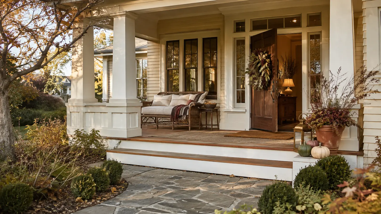 A view from a covered front porch into a warm entryway, the same palette continuing from the door to a console table inside