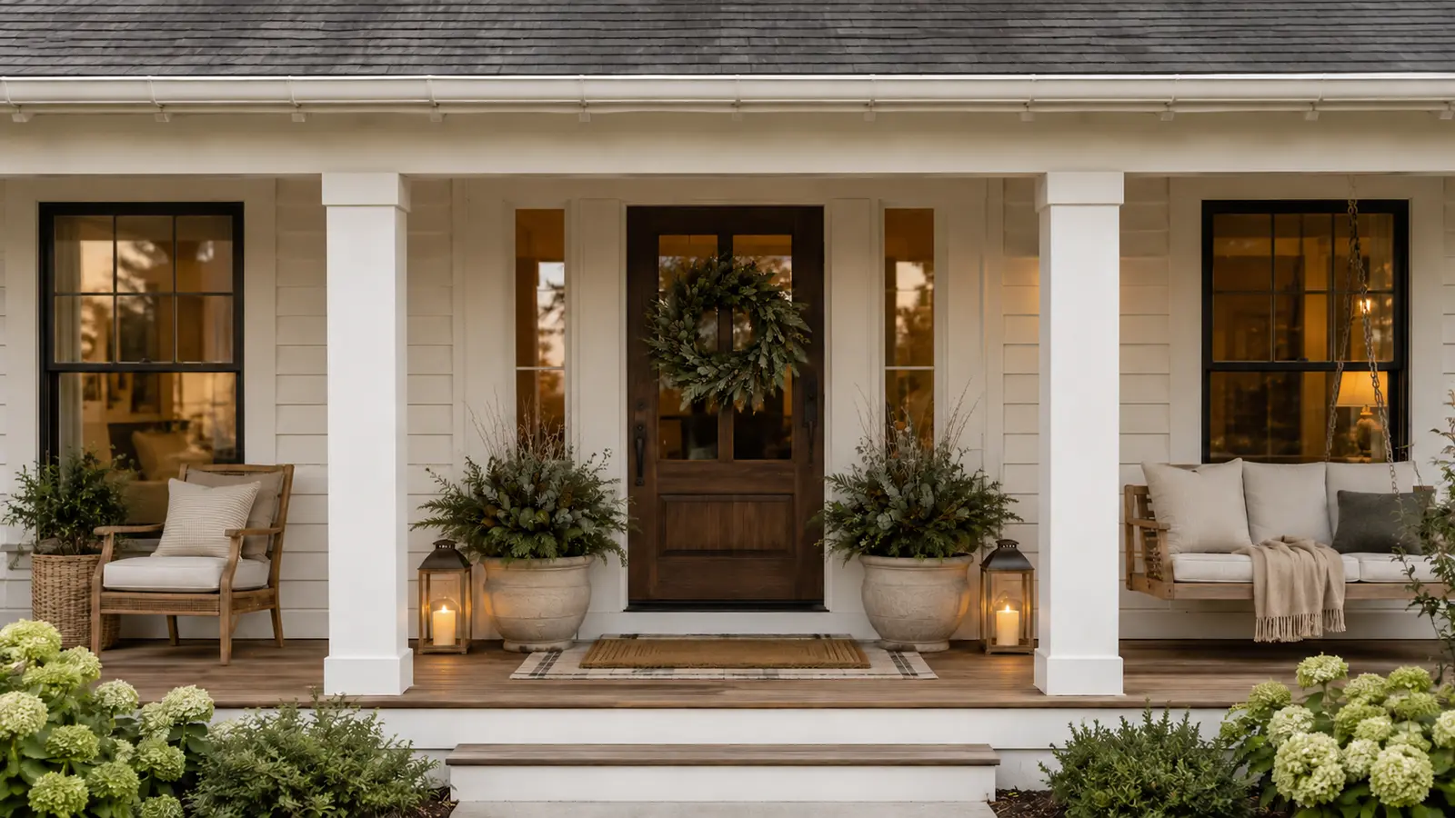 The same porch base, planters, lanterns, and doormat, restyled with simple winter greenery in place of the fall wreath and pumpkins