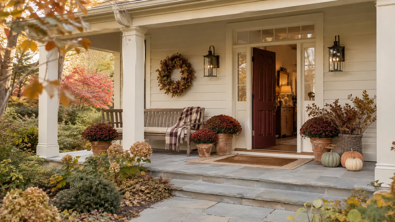 A layered doormat as the ground layer, a natural-fiber base mat with a seasonal top mat