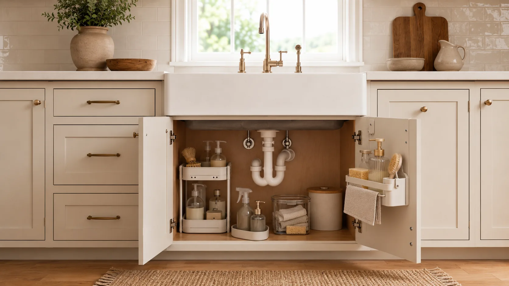 The inside of an under-sink cabinet door with a mounted organizer holding sponges, dish soap, and small cleaning tools — vertical space used well