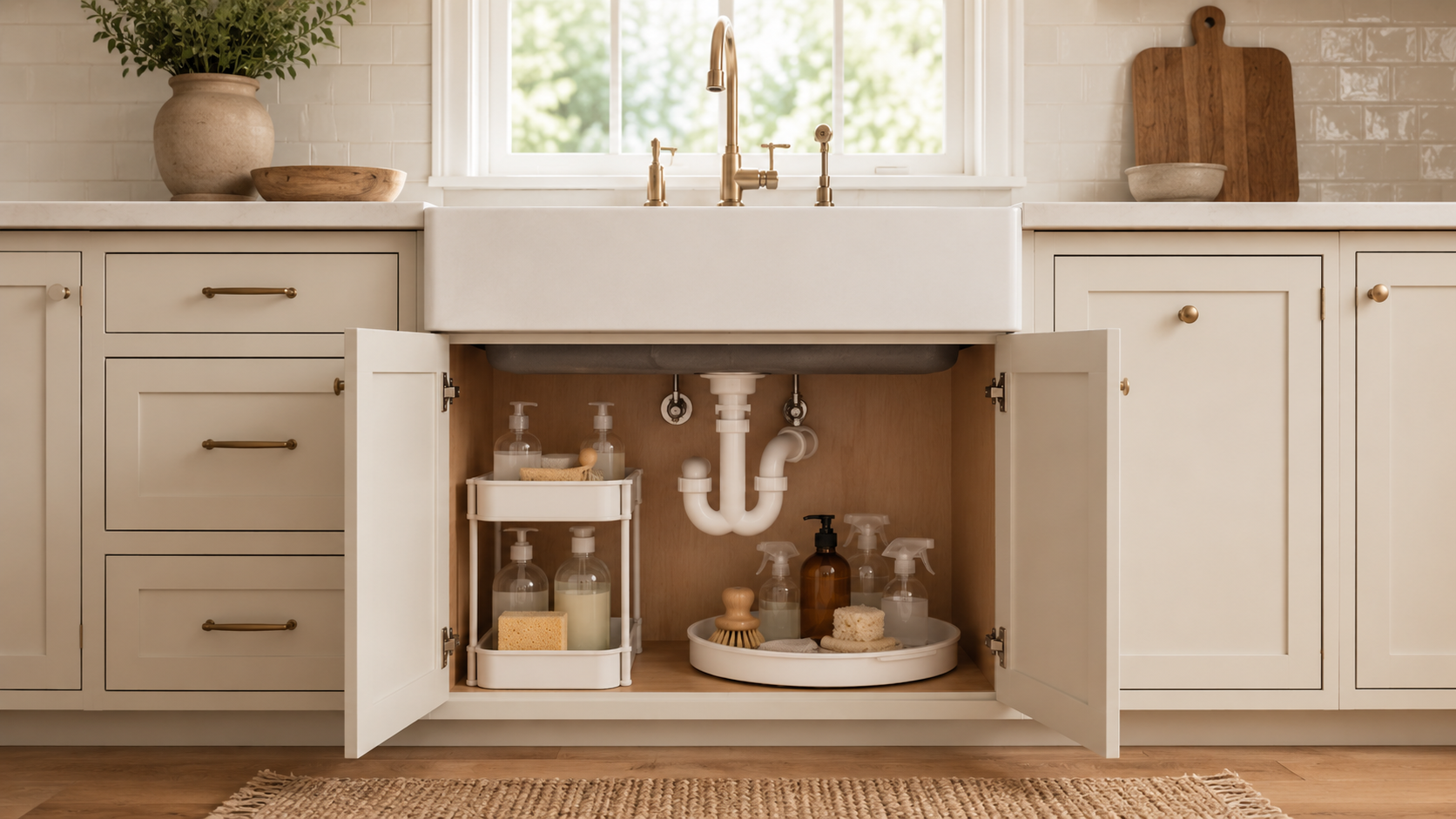 Inside an organized under-sink cabinet showing a lazy susan turntable with cleaning sprays, a small bin for sponges, and clear vertical space on either side of the pipe