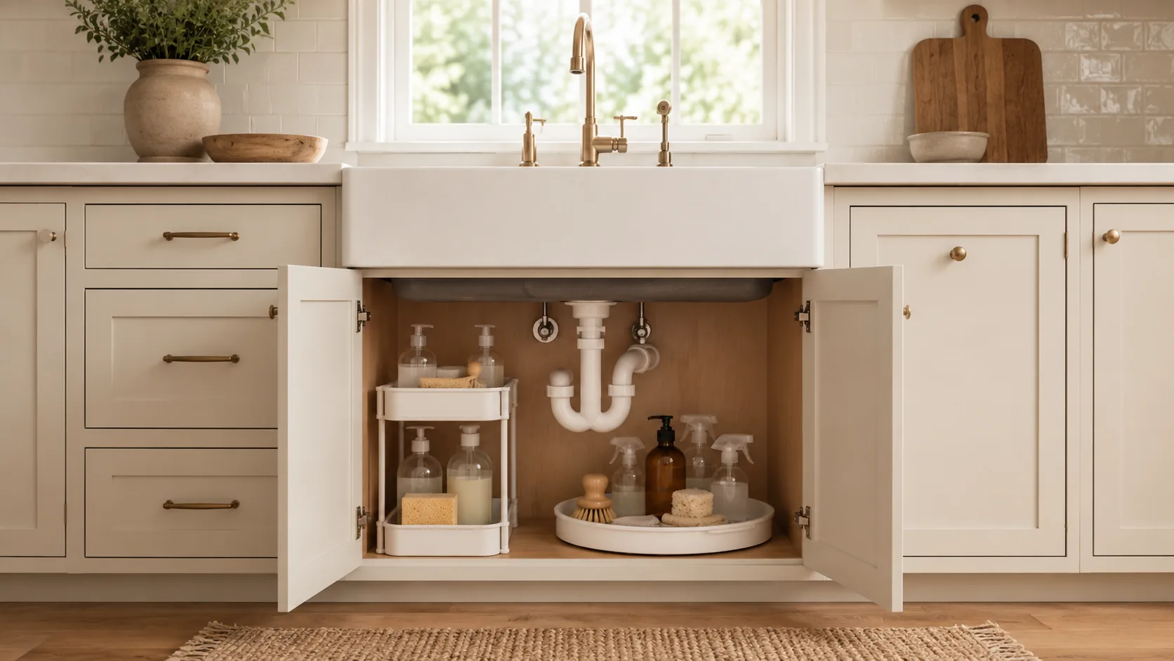 Inside an organized under-sink cabinet showing a lazy susan turntable with cleaning sprays, a small bin for sponges, and clear vertical space on either side of the pipe