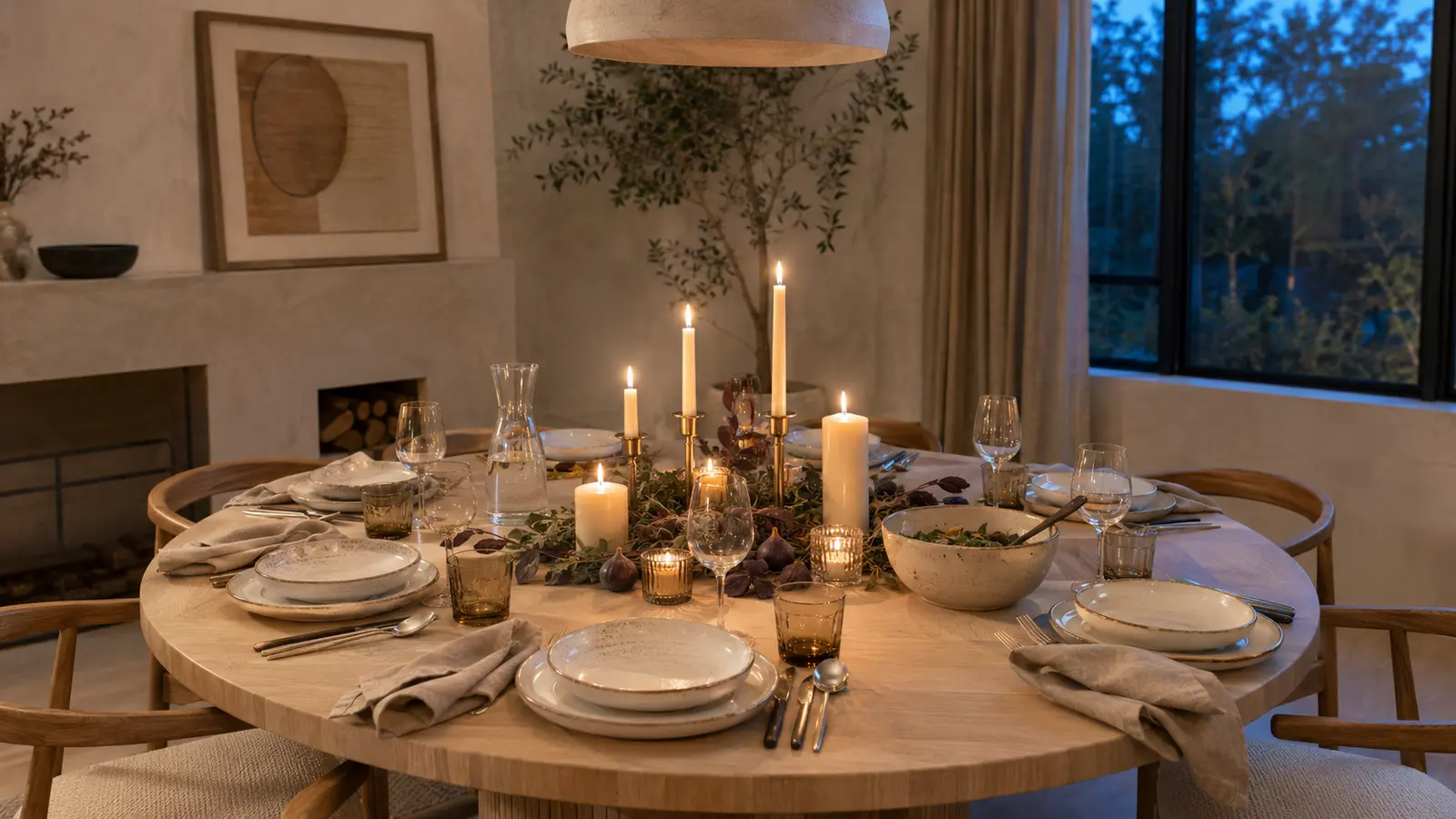 A grouping of taper and pillar candles at varied heights down the center of a table