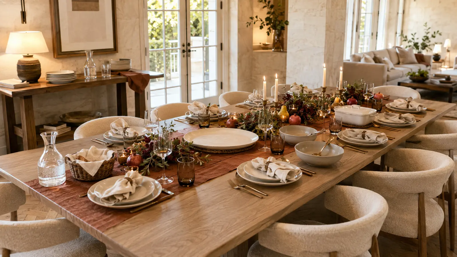 Empty serving dishes, a water pitcher, and trivets placed on the table exactly where they'll go during dinner, before any decor is added