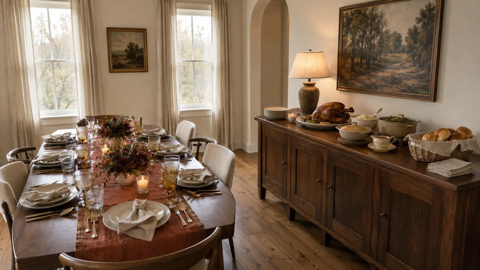 A realistic buffet spread beside a decorated Thanksgiving table, keeping large serving dishes off the guest table entirely