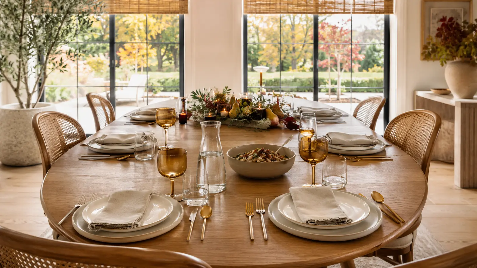 A hand reaching for a water glass across the table without disturbing the centerpiece