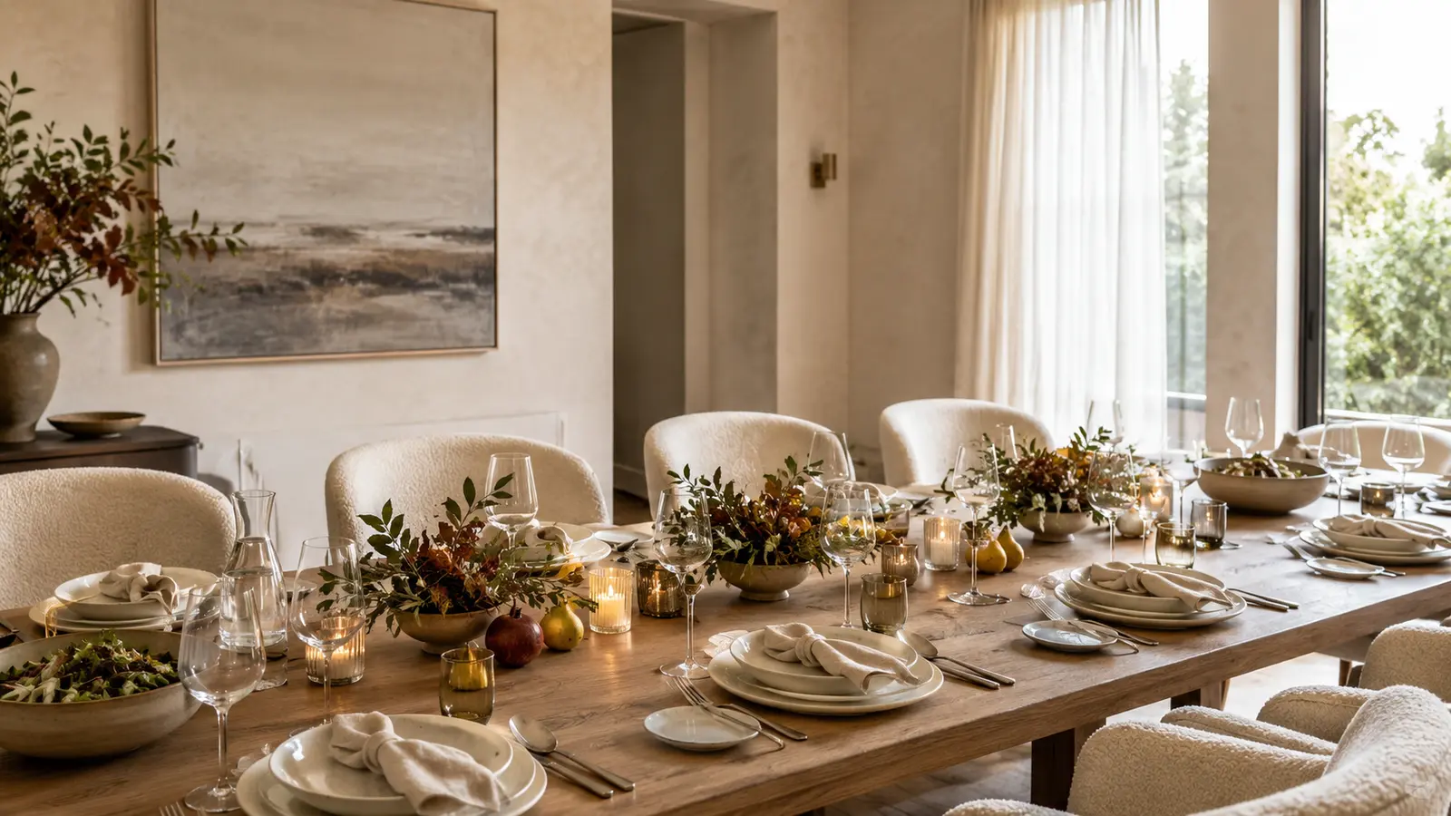 A low centerpiece of candles and a small vase of branches, positioned so it doesn't block sightlines across the table