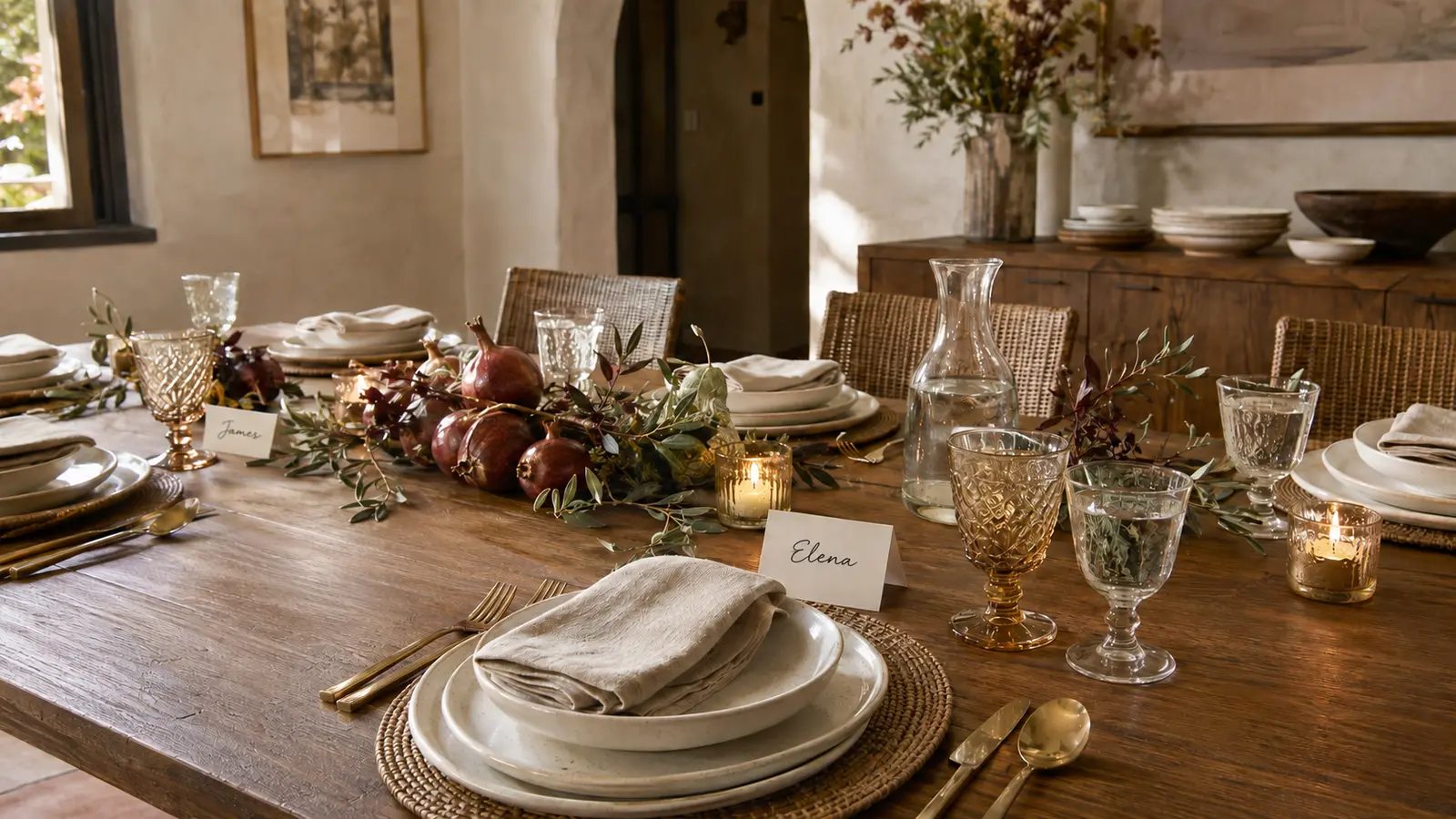 A single place setting with a charger, linen napkin, and a small handwritten place card
