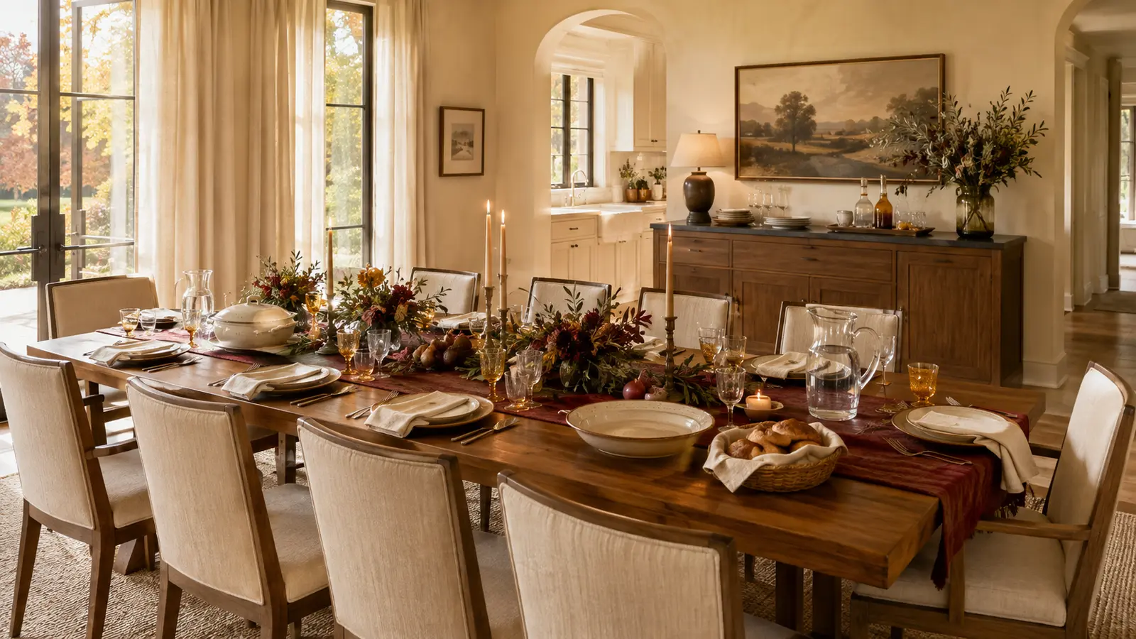 A table runner over bare wood, layered with linen napkins in a warm cream and rust palette