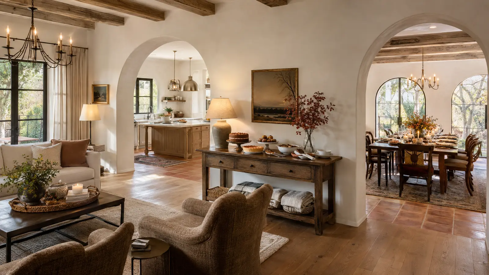 A connected kitchen, dining, and living space with a dessert station and tiered tray ready for guests