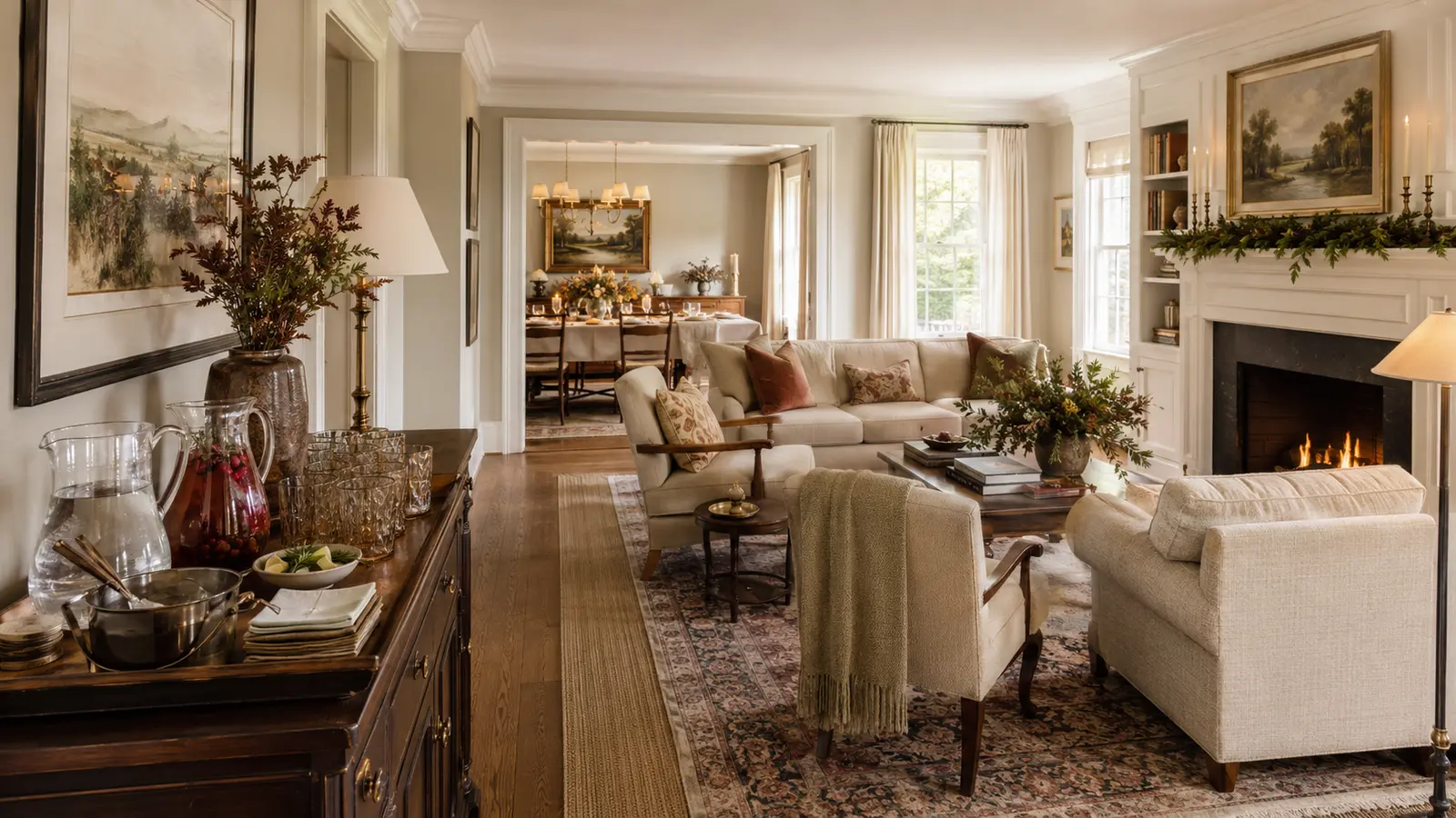 A welcoming living room with a drink station, fireplace seating, and the dining room visible beyond