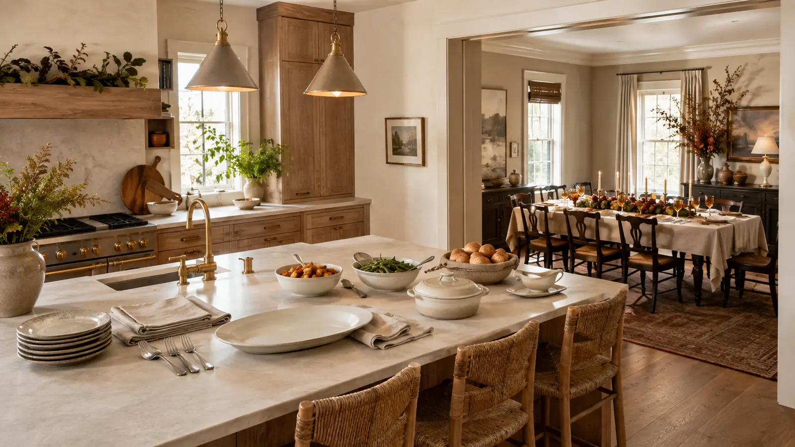 A full kitchen serving setup on the island, with the finished dining table visible beyond