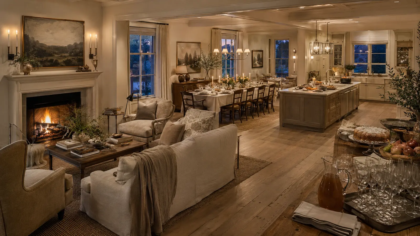 A warm whole-home Thanksgiving evening connecting the living room, dining table, kitchen, dessert station, and drinks