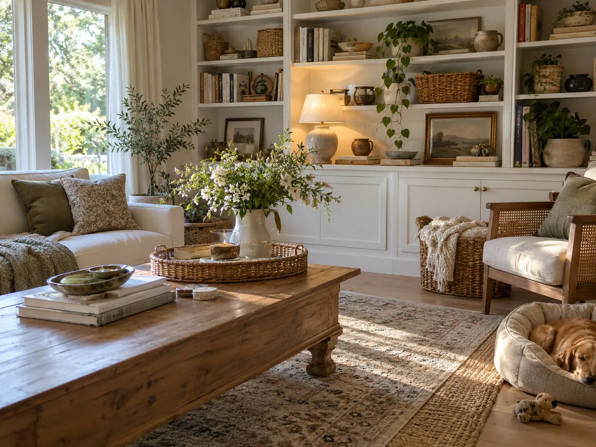 Lived-in family room corner with white shelves, baskets, a lamp and fresh flowers