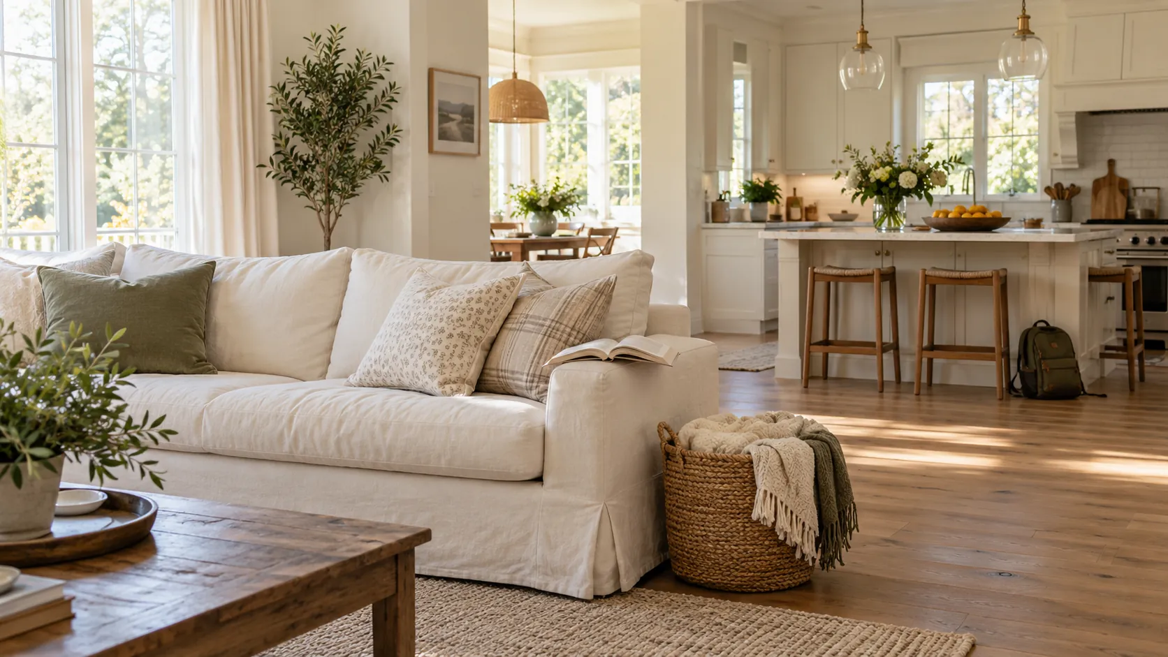 Open living room and kitchen in a bright family home with a cream sofa and fresh flowers