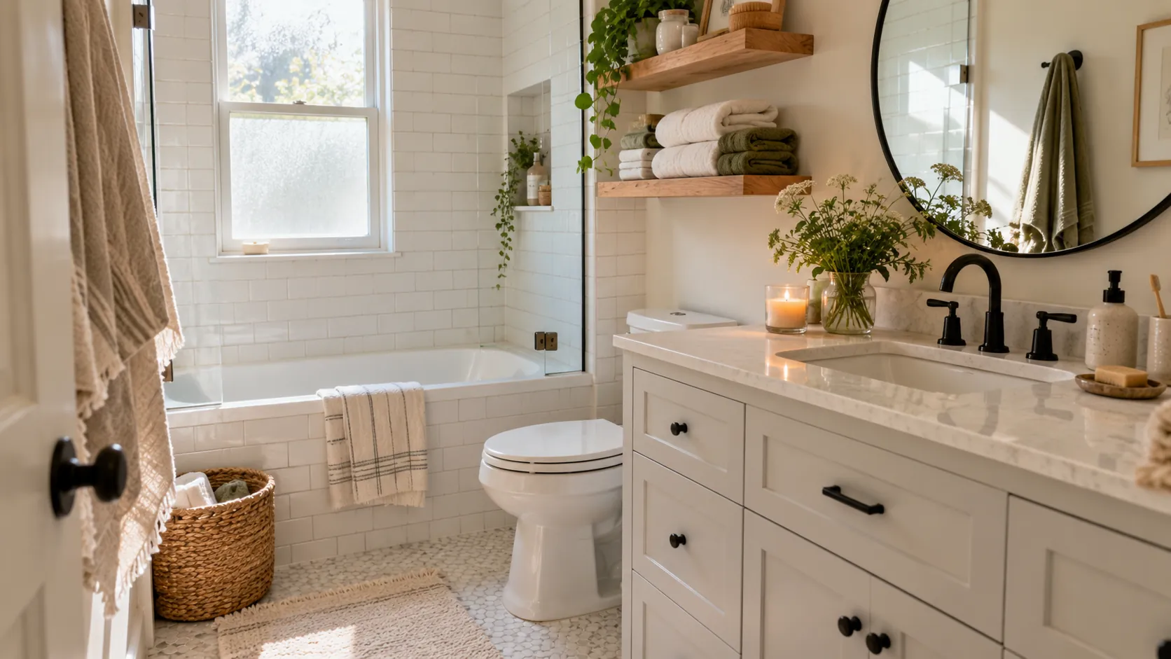 Bright small bathroom with white tile, an oak shelf and rolled white and olive towels