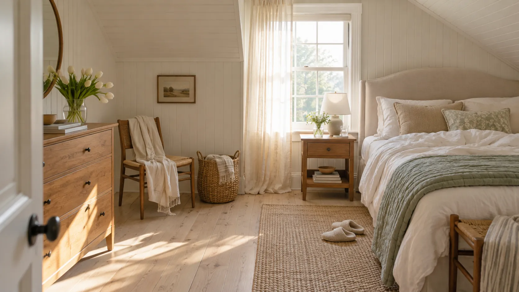 Small cape-style bedroom with a sloped ceiling, rumpled linen bedding and soft morning light