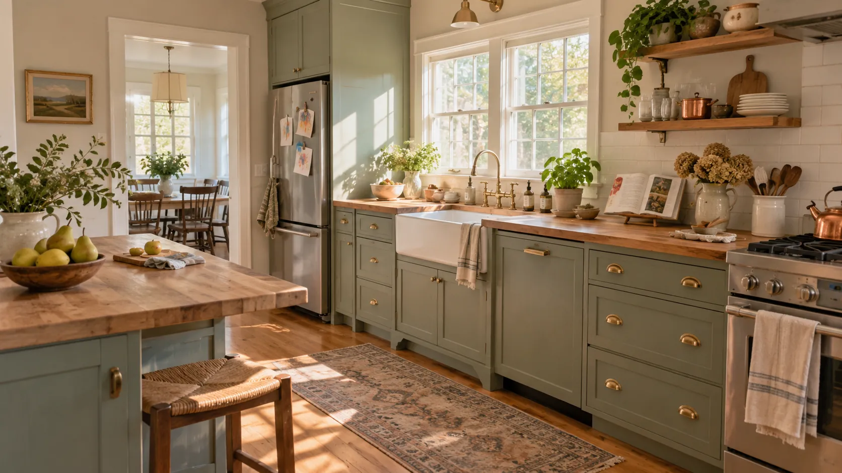 Sage green family kitchen with butcher-block counters, brass pulls and a bowl of pears