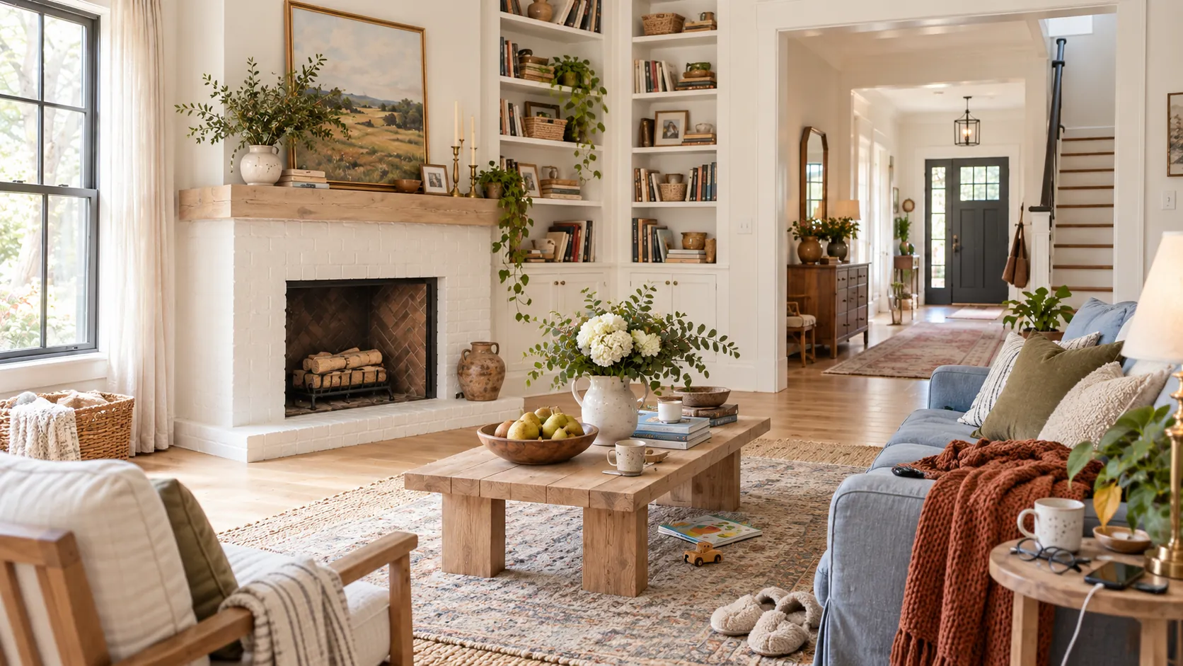 Bright family living room with a white brick fireplace, honey oak floors, a dusty blue sofa and fresh hydrangeas