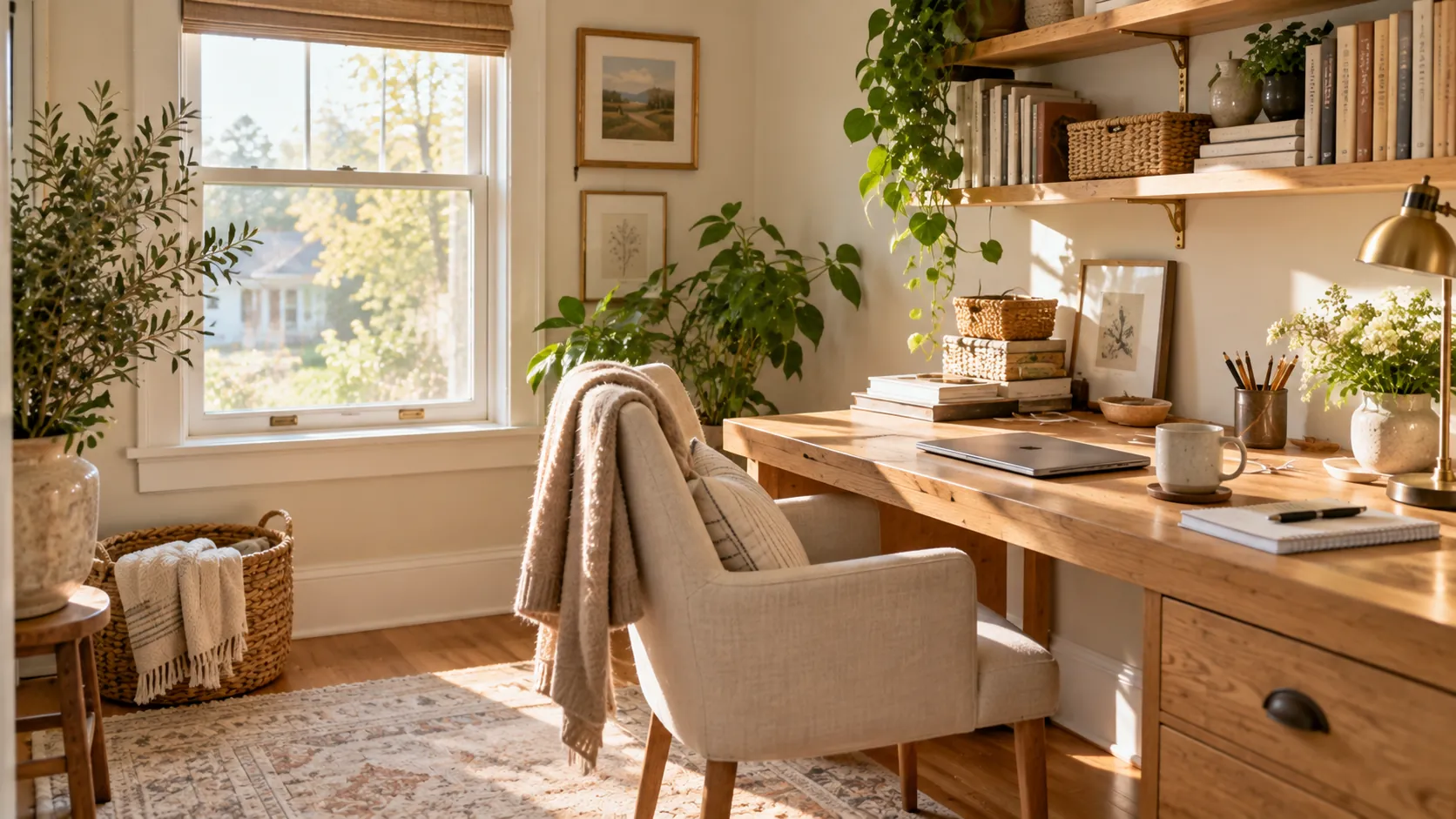 Bright home office nook with an oak desk, linen chair and a tall window