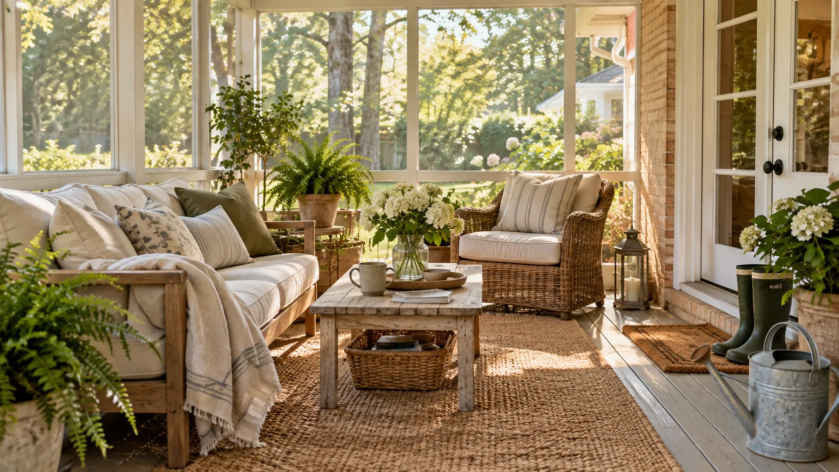 Screened back porch in afternoon light with teak and wicker seating and potted ferns
