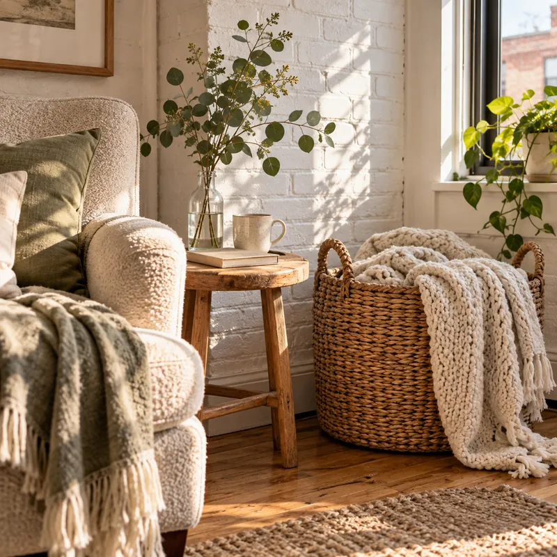 Woven basket with a chunky knit throw beside an armchair