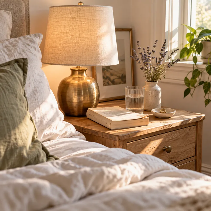 Bedside lamp, a paperback and dried lavender on a wood nightstand