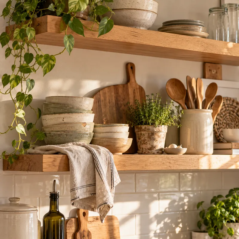 Open kitchen shelf with stacked stoneware bowls and a cutting board