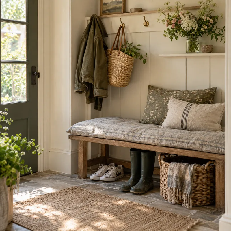 Entry bench with boots, a basket and fresh flowers