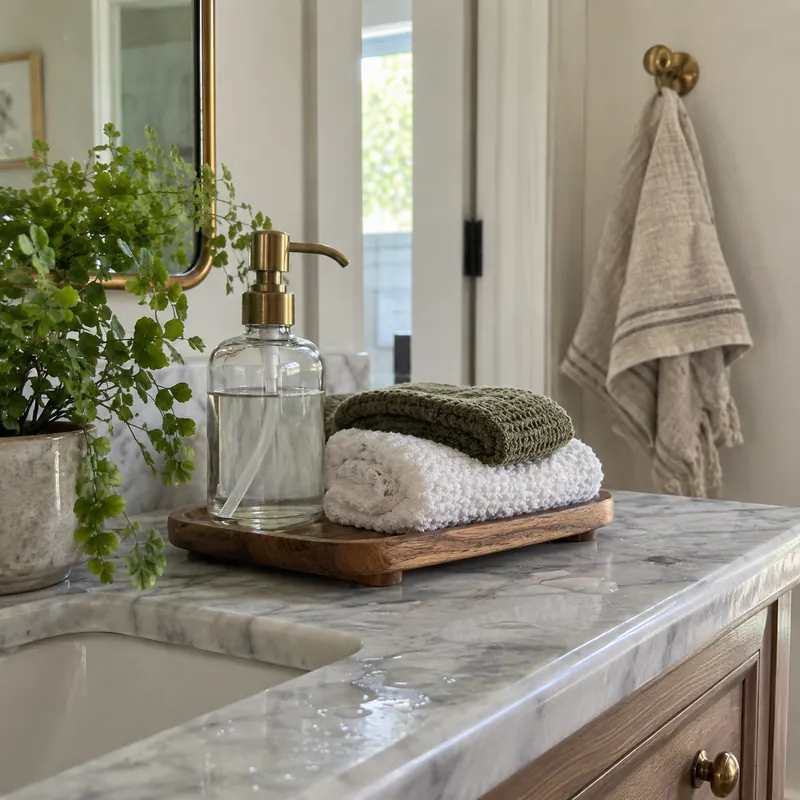 Rolled towels on a wood tray beside a soap pump and a small plant