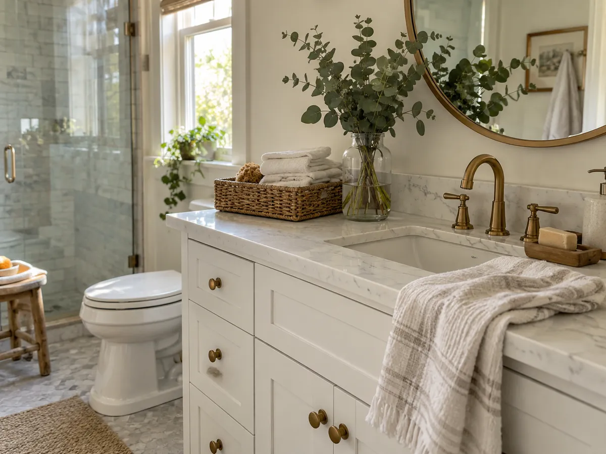 White shaker vanity with a brass faucet, folded linen towels and eucalyptus