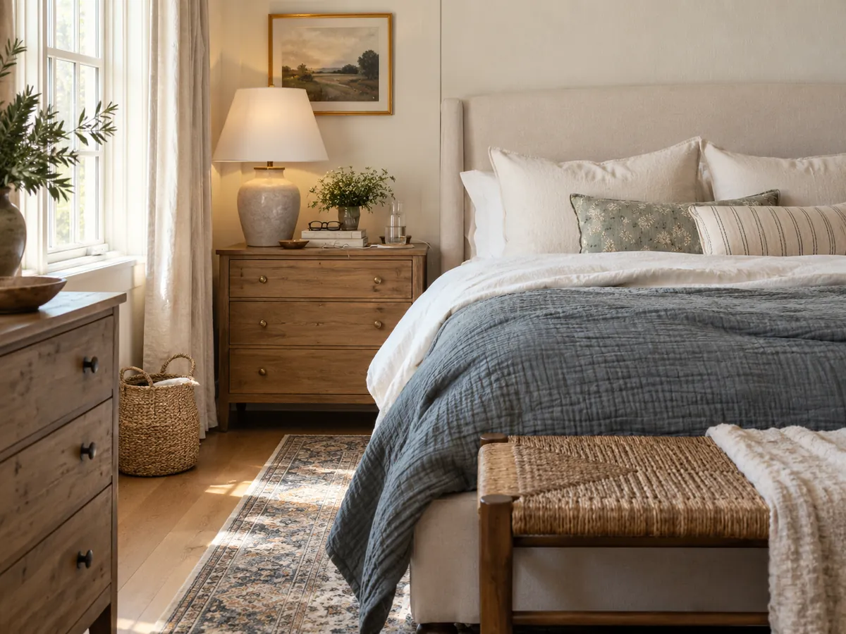 Bed with a white duvet, blue-gray quilt and a wood nightstand with a brass lamp