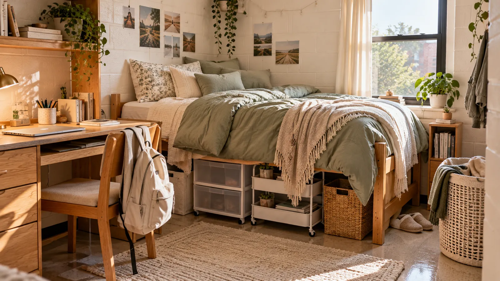 Cozy dorm room with an extra-long twin bed, wood desk and under-bed storage