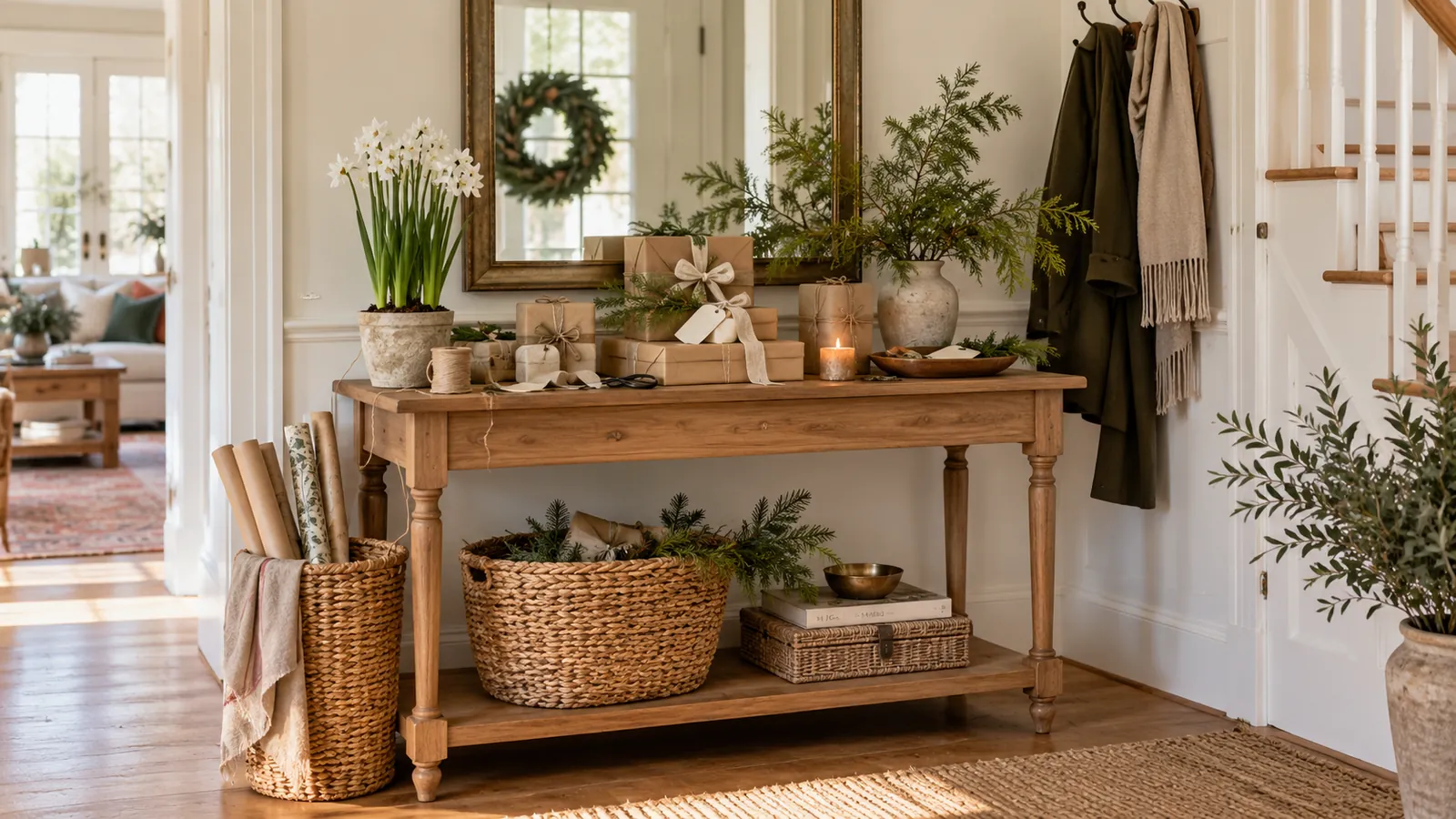 Gifts wrapped in kraft paper and linen ribbon on an entryway console with greenery