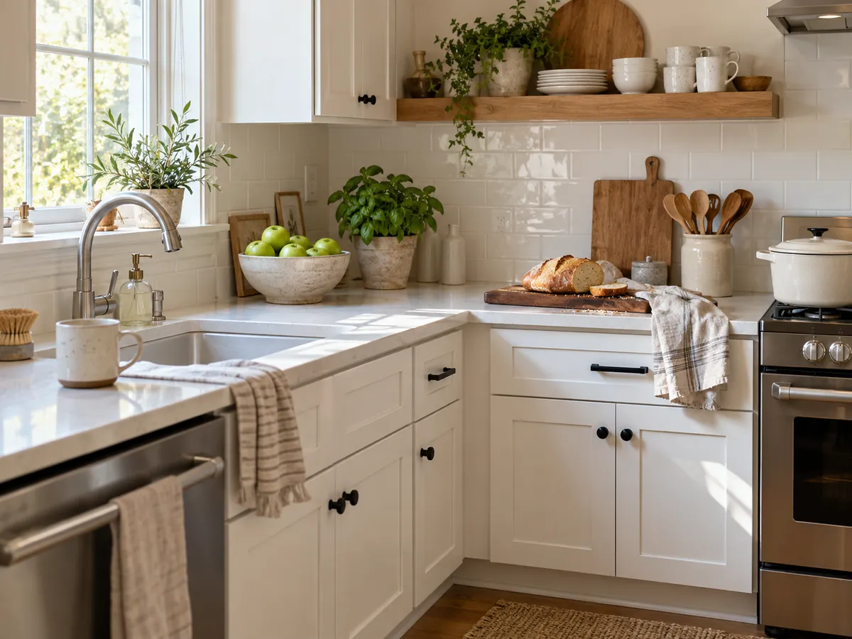 White shaker kitchen with a wood shelf, stoneware bowls, a crusty loaf and green apples