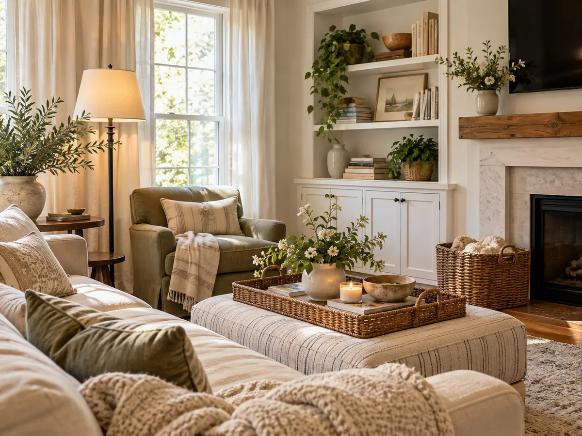 Small living room with a cream linen sofa, rattan chair and fresh flowers