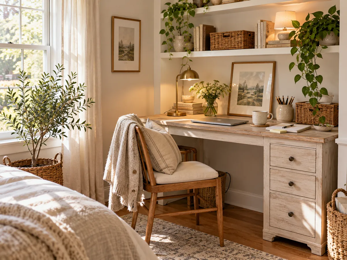 Desk nook with a white wall shelf, books, baskets and a lamp