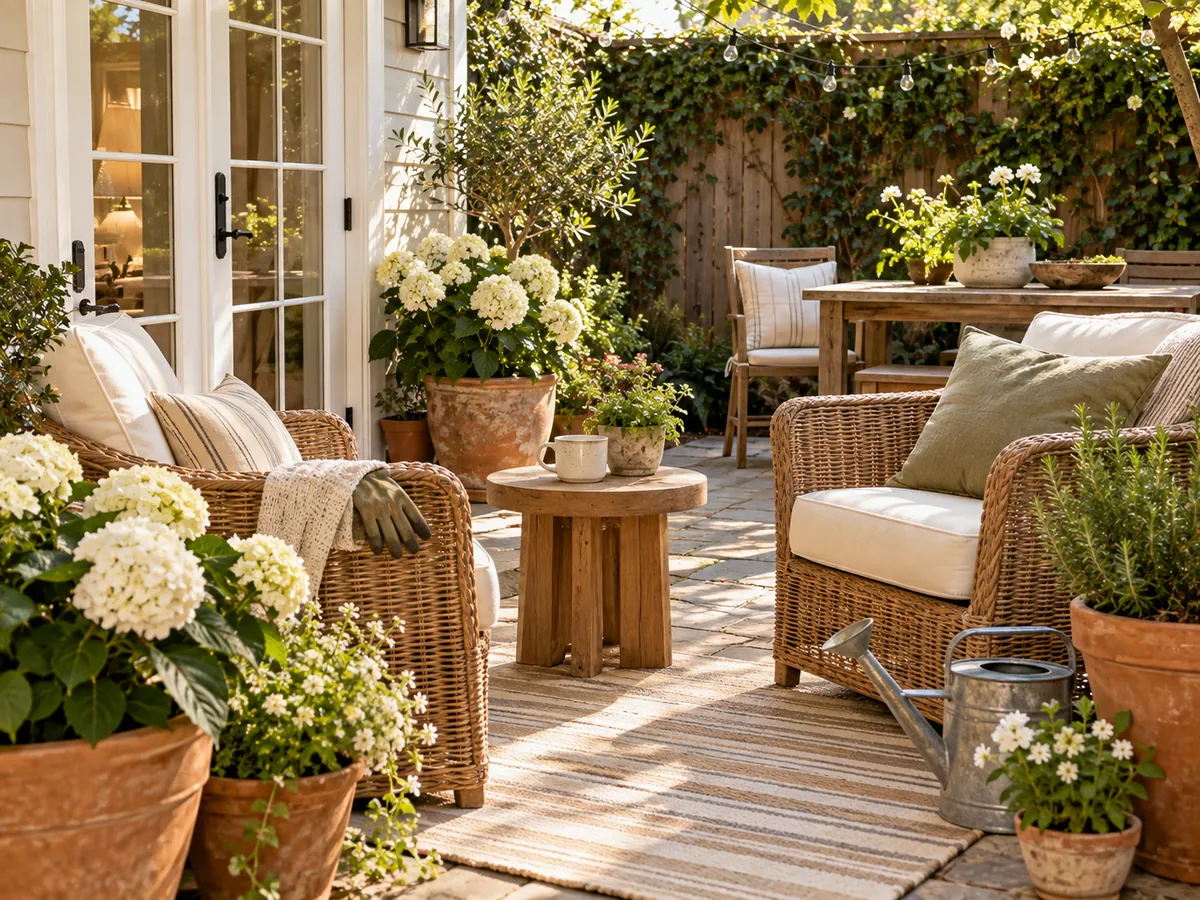 Small patio with wicker chairs, terracotta pots of herbs and hydrangeas