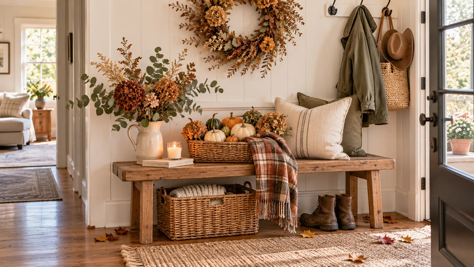 Farmhouse entry bench with gourds, dried stems and a lit candle in soft fall colors